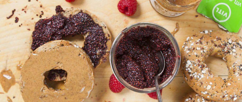 Raspberry vanilla chia jam and almond butter on toast
