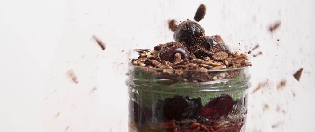 Chia, almond, cherry & coconut brownie layer pot recipe