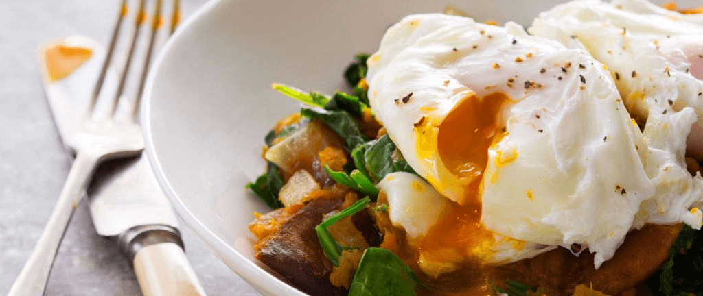 Healthy poached eggs with sweet potato hash recipe