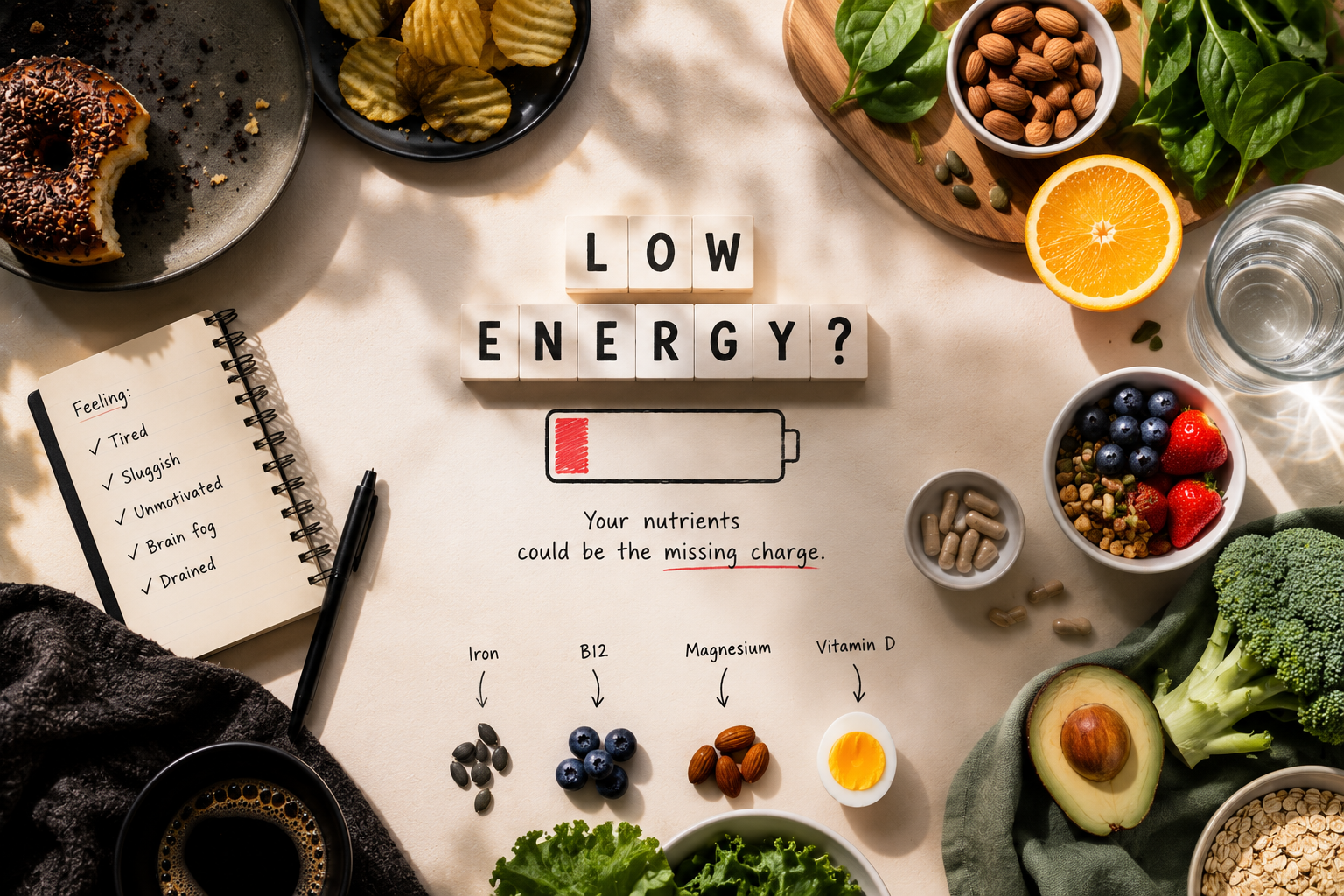 Vitamins, nutrient rich foods and a low battery icon representing common nutritional factors linked to low energy and wellbeing.