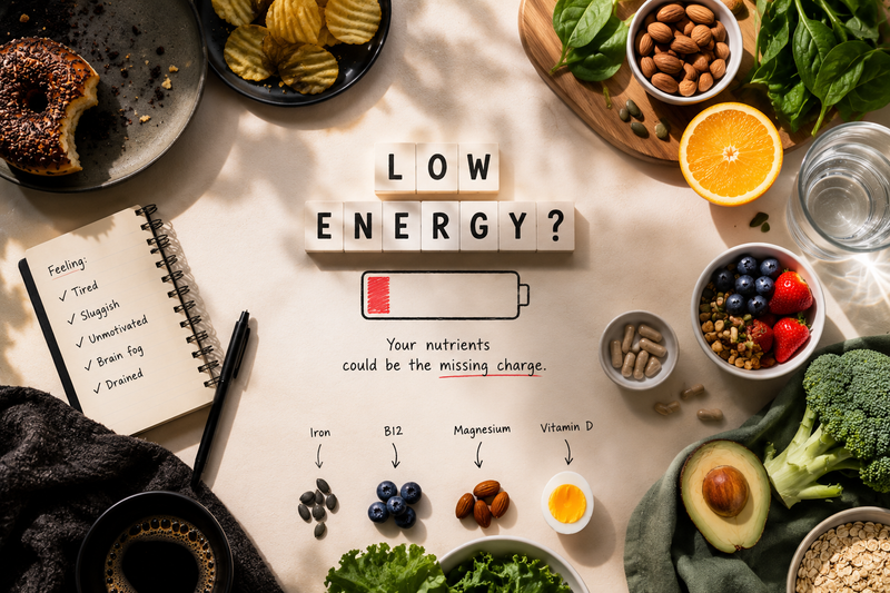 Vitamins, nutrient rich foods and a low battery icon representing common nutritional factors linked to low energy and wellbeing.