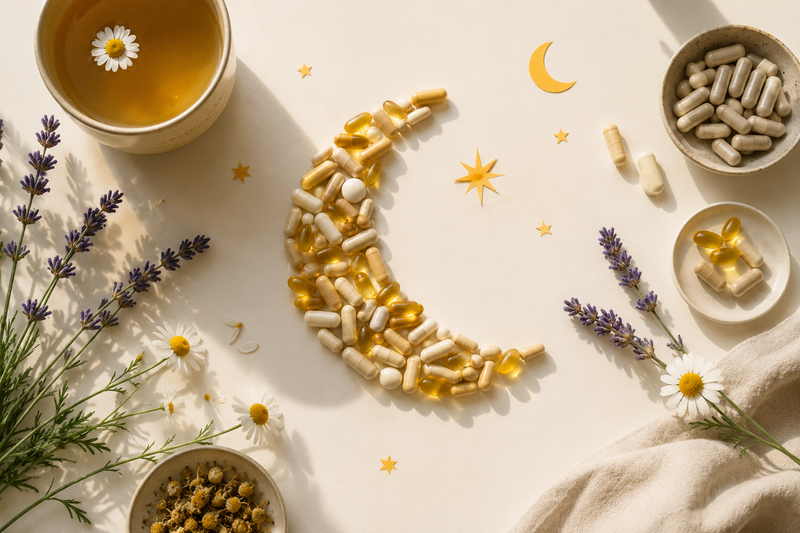 Vitamins, chamomile and lavender arranged in a moon shape to represent supplements commonly associated with stress and sleep support.