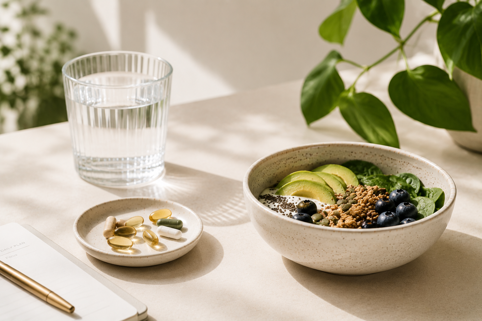 Vitamins alongside healthy food and water, illustrating how nutrition and lifestyle can influence supplement needs.