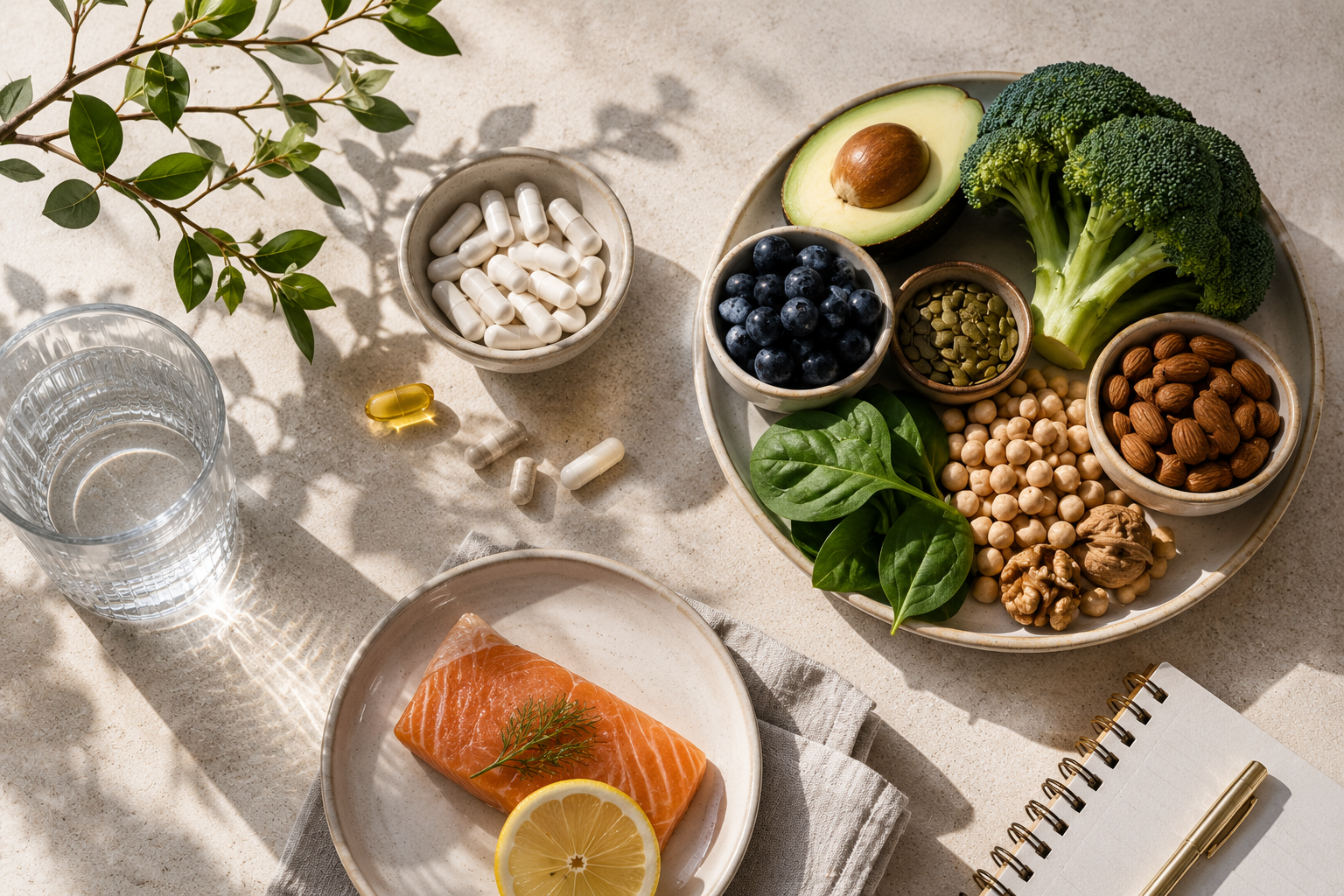 Healthy foods and supplements arranged together to represent personalised nutrition, balanced eating and informed vitamin choices.