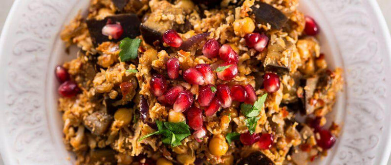 Cauliflower couscous with aubergine and chickpea recipe
