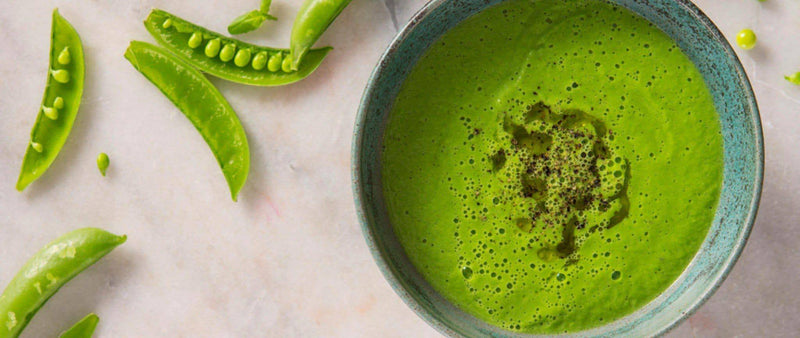 Healthy basil, pea and edamame soup recipe, dairy-free